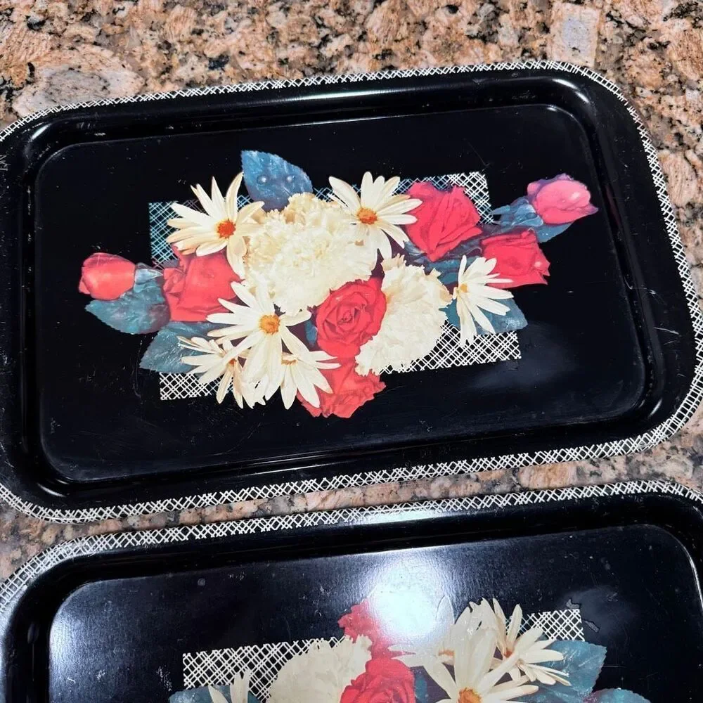 Vintage Mid-Century Red Roses White Daisies Black Metal Serving Trays Set of 4